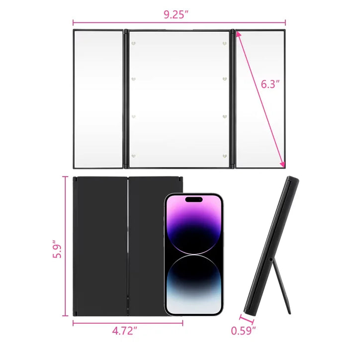 Foldable Triple-Panel LED Make Up Mirror